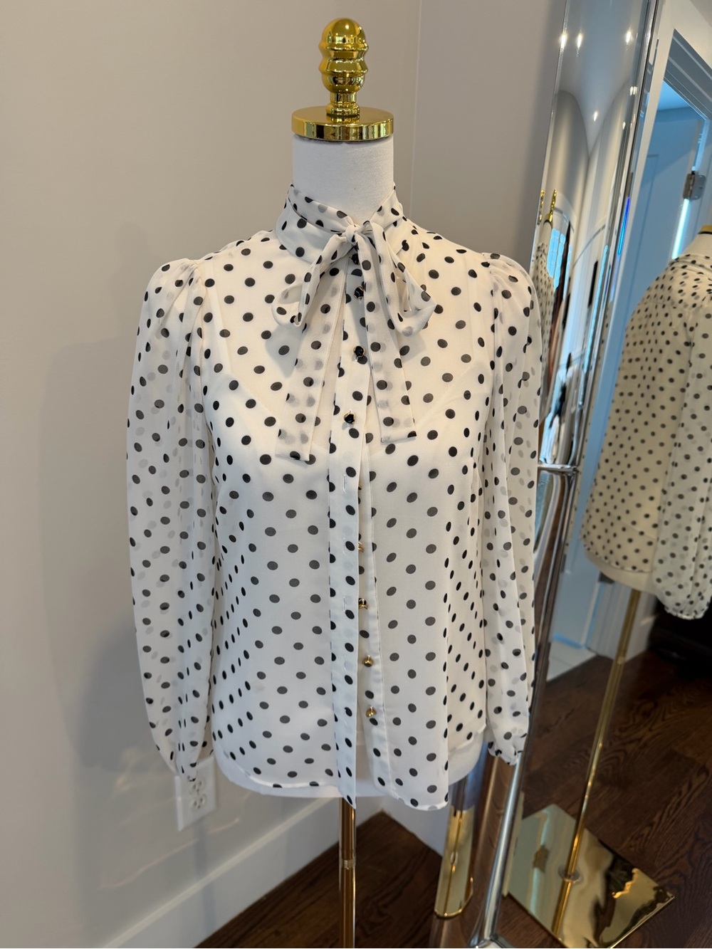 Zimmermann White Blouse with Black Polka Dots and Tie Neck